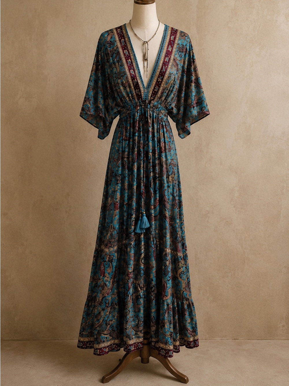 Zury Silk Blend Kaftan Maxi Dress OS Boho Paisley Blue V Neck Resort Cover Up